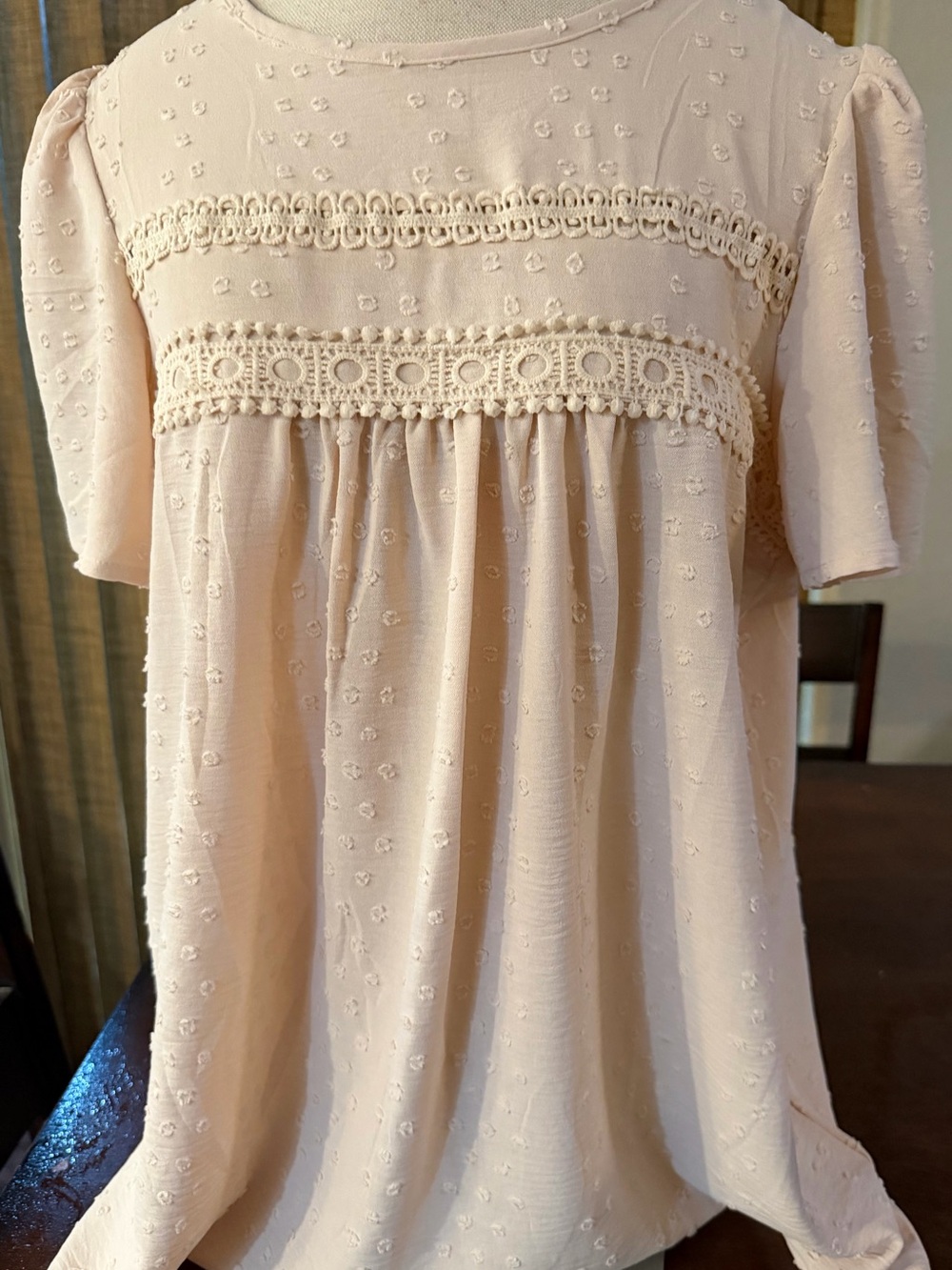 Delicate Blush Swiss Dot Crochet-Trim Blouse